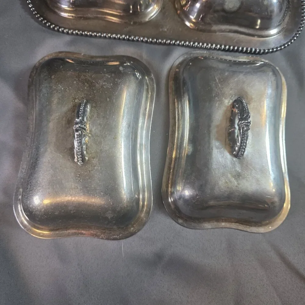 Vintage Silver-Tone Metal Double Covered Serving Dish Ornate Handles